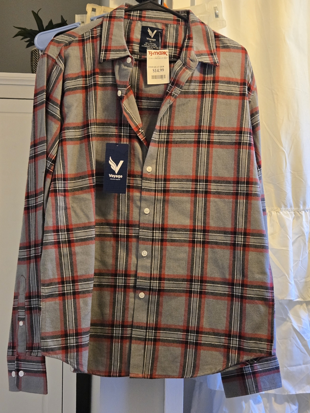 Voyage Men’s Gray and Red Plaid Button-Down Shirt
